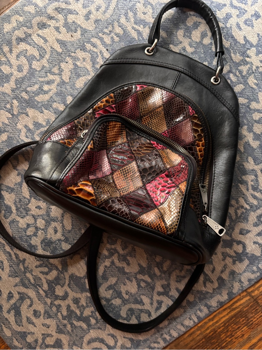 Patricia Nash Black Backpack with Multicolor Snake-Pattern Front Panels - Picture 2 of 16